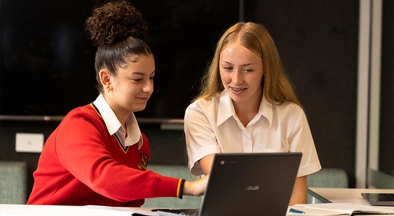 Two students in class working from a laptop