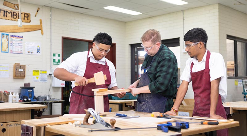 St Clare’s Hassall Grove students in industrial woodwork class