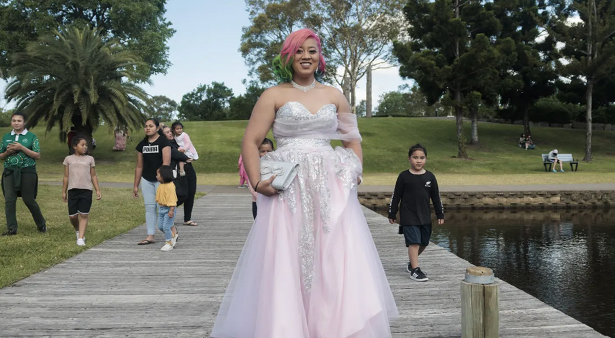 Sosefina Setefano, a year 12 student at St Clares High School, arrives at Nurragingy Reserve before her Year 12 Formal